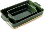 Ceramic Baking Casserole Dish with Handles, Large 9x13 inch Pan and Middle Baking Pan - Porcelain Serving Bakeware Set (Forest Green)