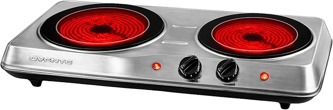 OVENTE Countertop Infrared Double Burner, 1700W Electric Hot Plate and Portable Stove with 7.75" and 6.75" Ceramic Glass Cooktop, 5 Level Temperature Setting and Easy to Clean Base, Silver BGI102S