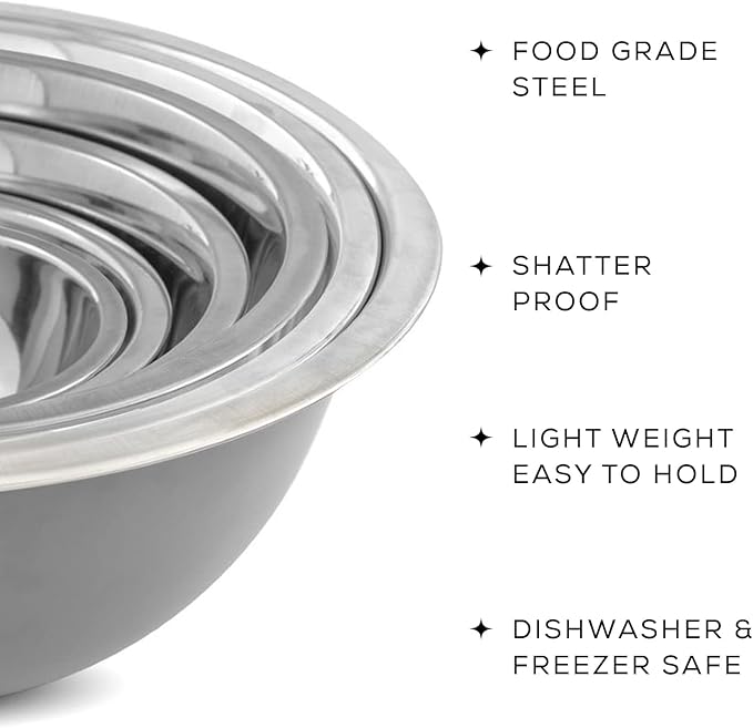JoyJolt Stainless Steel Mixing Bowl Set of 6 Bowls (Grey). 5qt Large to 0.5qt Small Metal Bowl. Kitchen, Cooking and Storage Nesting Bowls. Dough, Batter Baking Gray