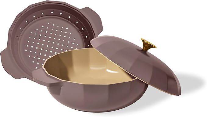 Cravings by Chrissy Teigen The Perfect Pan 5.3 Qt Dutch Oven Pot with Lid, Nonstick Lightweight Aluminum Everyday Pot with Steamer/Strainer Insert, Oven & Stovetop Safe (Mauve)