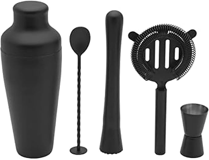 Houdini Noir 5 Piece Bar Tool Set - Stainless Steel Cocktail Shaker, Jigger, Strainer, Muddler and Mixing Spoon with Sleek Black Finish for Home Bar