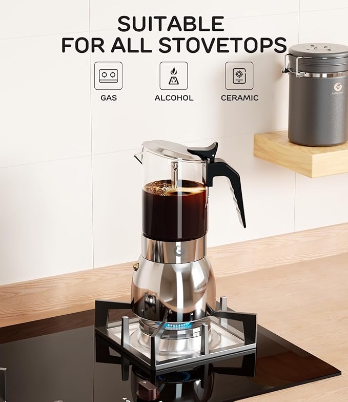 Coffee Gator 9 Cup Moka Pot, 15oz Stovetop Espresso Maker for Italian Coffee, Transparent Glass & Stainless Steel Design, Silver, 450ml
