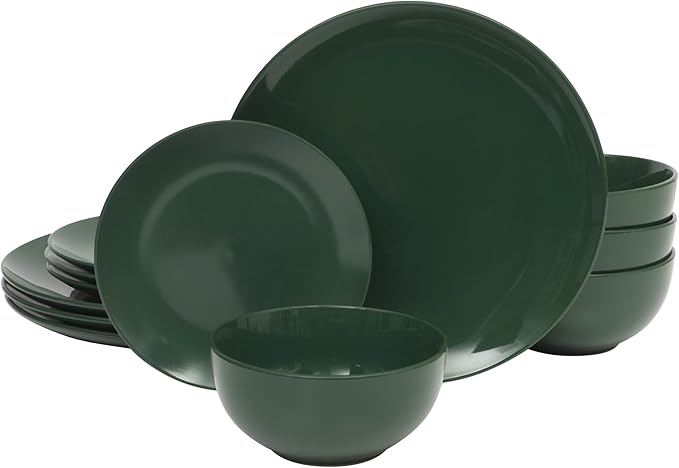 Gibson Home Simple Essential (Service for 4) 12 Piece Plates and Bowls Porcelain Solid Color Dishes Ceramic Dinnerware Set - Hunter Green