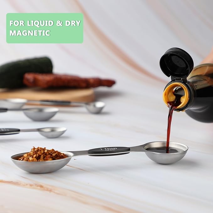 Magnetic Measuring Spoons Set of 9 Stainless Steel Dual Sided Stackable Teaspoon Tablespoon Nesting Measuring Spoon for Measuring Dry and Liquid Ingredients Fits in Spice Jar