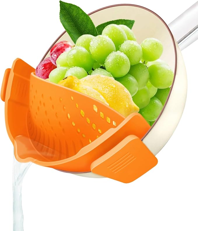 YEVIOR Clip on Strainer for Pots Pan Pasta,Silicone Food Strainer Hands-Free Pan Strainer, Clip-on Kitchen Food Strainer for Spaghetti, Pasta, Ground Beef Fits All Bowls and Pots (Orange)