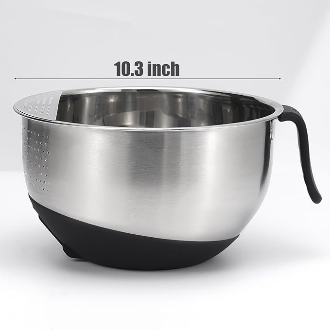 Rice Strainer Bowl Quinoa Washer whit Handle Stainless Steel Colander Versatile Side Drainers for Washing Cleaning Rinsing Fruits, Vegetables, and Beans - Tilting Non-slip Silicone Bottom
