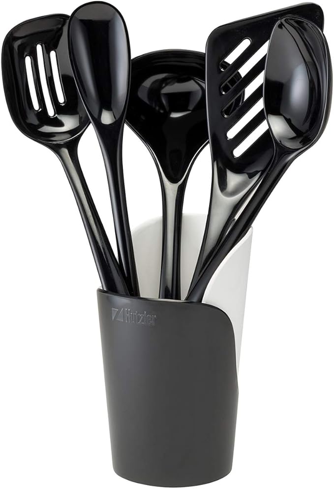 Hutzler 6-piece Melamine Cooking Utensils Set, Includes a 12-inch Long Slotted Spoon, Solid Spoon, Mixing Spoon, Slotted Turner, Soup Ladle, and Storage Crock, Black