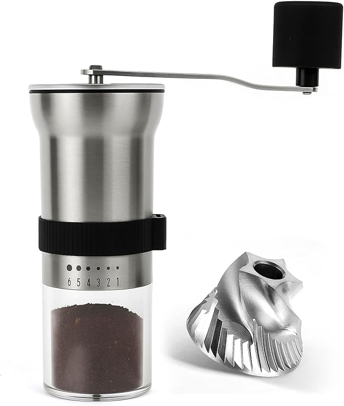 Manual Coffee Grinder with Stainless Steel Burr - 1.12oz Capacity Handheld Mill for Espresso, Drip, Cold Brew with 6 Adjustable Settings & Quiet -Extra Fine Grinding (Stainless Steel Burr)