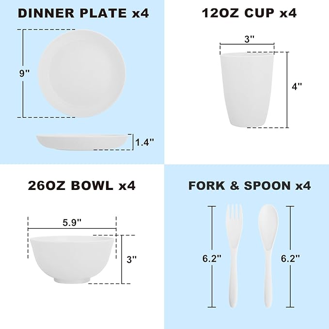 Wheat Straw Dinnerware Sets Service for 4, Unbreakable Kids Plates and Bowls Set 20 PCS, Microwave & Dishwasher Safe Dishes Set for Dinner, Kitchen, Camping, PV, Dorm - White