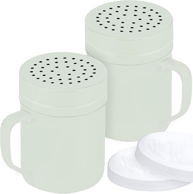 CUSINIUM 10oz Sage Stainless Steel Salt Pepper Dredge Shakers - With Plastic Cap - With Handle - Pack of 2