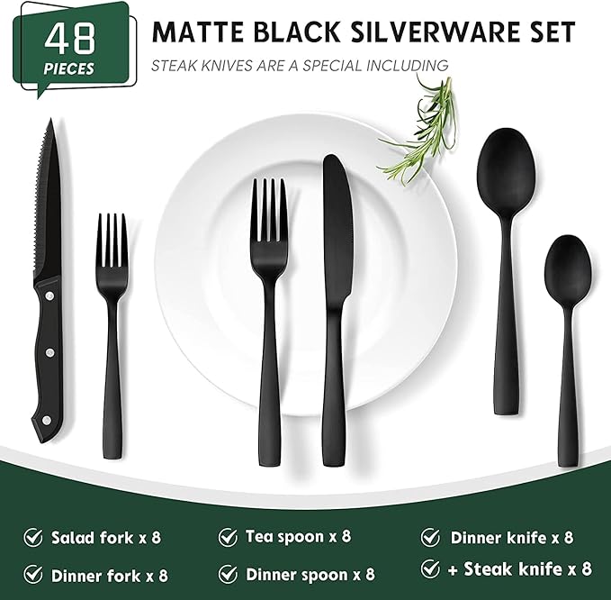 Hiware 48-Piece Matte Black Silverware Set with Steak Knives, Black Flatware Set for 8, Stainless Steel Tableware Cutlery Set, Utensil Sets for Kitchen