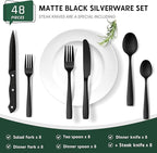Hiware 48-Piece Matte Black Silverware Set with Steak Knives, Black Flatware Set for 8, Stainless Steel Tableware Cutlery Set, Utensil Sets for Kitchen