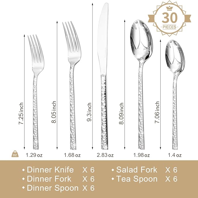 KINGSTONE 30 Piece Hammered Silverware Set, 18/10 Stainless Steel Flatware Set for 6, Cutlery Set for Home, Party, Wedding, Mirror Polished Dishwasher Safe