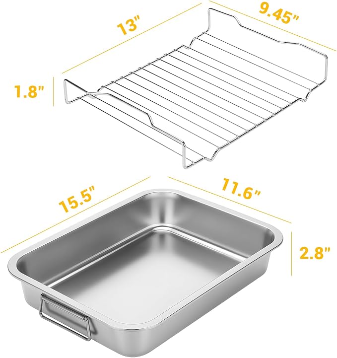 Tifanso Stainless Steel Roasting Pan - Heavy Duty Turkey Roasting Baking Broiler Oven Pan with Rack and Handle for Oven, High Sided Easy to Clean Induction Roast Tray for Chicken, Vegetable, Lasagna