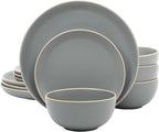 Gibson Home Rockaway 12-Piece Stoneware Dinnerware Set, Matte Finish, Service for 4, Modern Ceramic Plates and Bowls, Microwave & Dishwasher Safe – Soft Gray - Service for 4