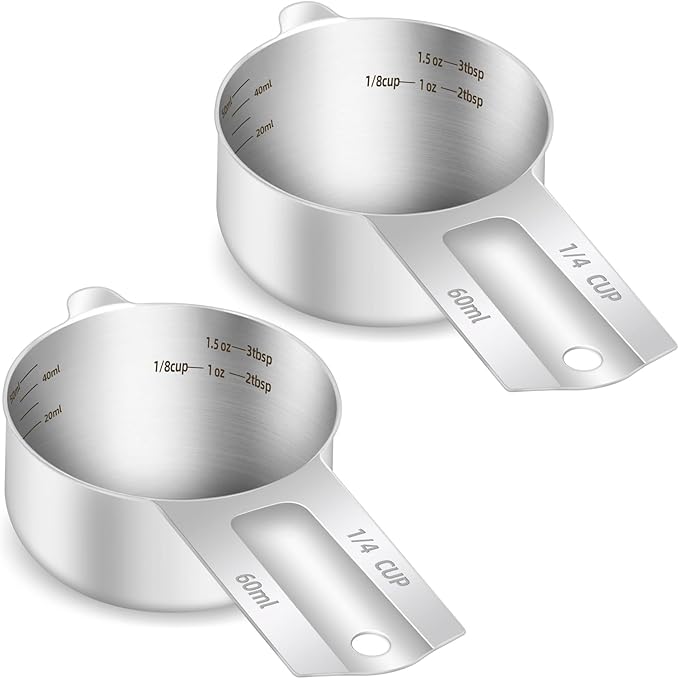 2PCS 1/4Cup (60ml, 2oz) Single Measuring Cup, Etched Inner Scale Stainless Steel Measure Scoop, Metric and US Measurement, Dishwasher Safe