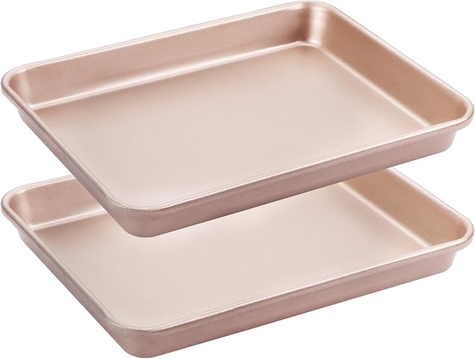 HONGBAKE Toaster Oven Pan Nonstick Set of 2, Premium 1/8 Sheet Pan for Baking, Small Cookie Sheet Tray, Dishwasher Safe and Heavy Duty - Rose Gold