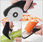 Angoily Multi-purpose Kitchen Gadget Set with Vegetable Peeler, Cheese Grater, Can Opener, Garlic Ginger Masher, and Pizza Cutter – Food-grade Stainless Steel Tools for Home Cooking
