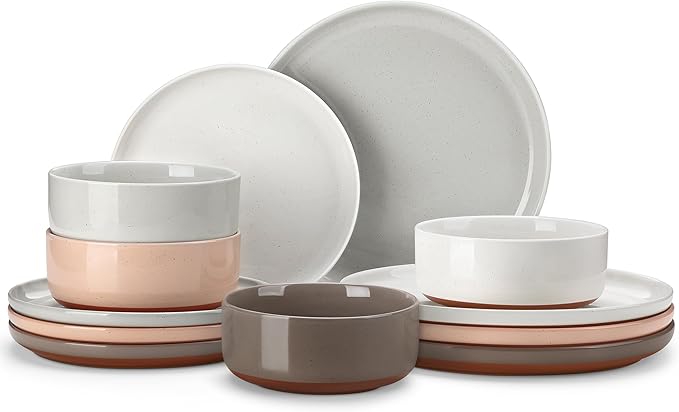 MALACASA Plates and Bowls Sets, 12 Pieces Modern Stoneware Dinnerware Set for 4 Kitchen Dinner Set Ceramic Dishware Dishes Set Microwave and Dishwasher Safe, Multicolor, Series TARA