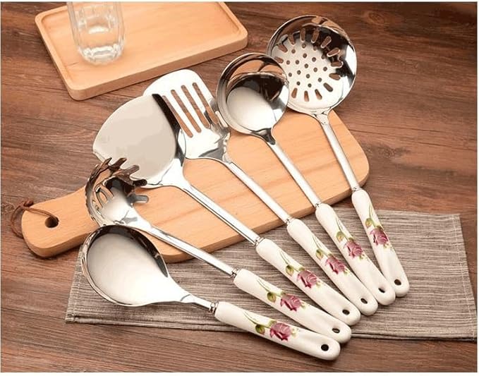 Ceramic Handles Cooking Tool Set Stainless Steel Kitchen Utensils Of Cookers Shovels Spoons(D)