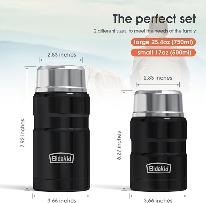 Insulated Food Jar Set – 25.4oz & 17oz Stainless Steel Containers with Folding Spoon and Carrying Bags – Leak-Proof, Keeps Food Hot or Cold for up to 12 Hours – Ideal for Work, School, Travel