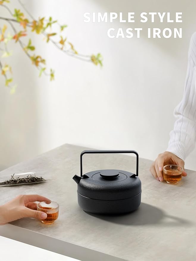 Toptier Teapot with Removable Infuser, Cast Iron Tea Kettle Stovetop Safe, Solid Geometry Cylinder Design Tea Pot Coated with Enameled Interior for 27 Ounce (800 ml), Black