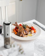 CIRCLE JOY Rechargeable Salt and Pepper Grinder Set Stainless Steel Electric Pepper Grinders with Variable Grinding Speed, External Adjustable Coarseness, Charging Base and White LED Light, Silver