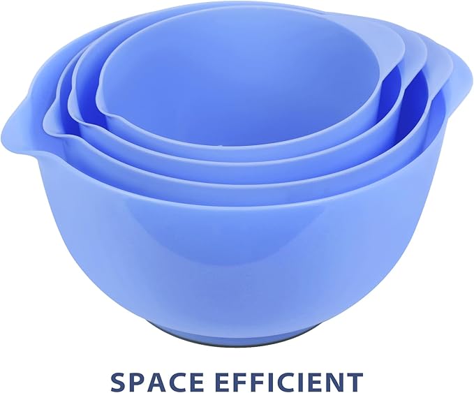 BoxedHome 4 Quart Large Plastic Mixing Bowls, Microwave Safe Mixing Bowl Set with Pour Spout, Nesting Bowls for Space Saving Storage(Violet Blue)