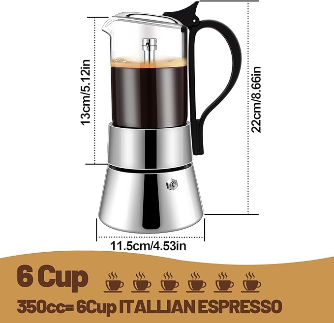 6 Cup Glass Transparent Moka Pot Stainless Steel Uncoated Stovetop Espresso Maker Italian Coffee Makers Mocha Greca Machine Cafe Classic Induction Cookers for Home Camping 350ml