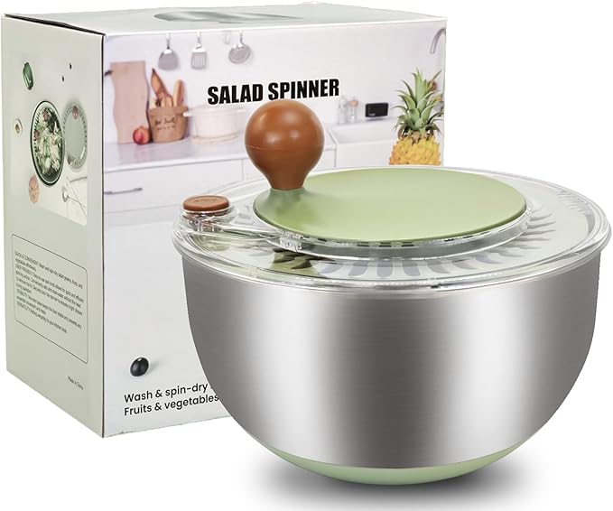 5.3Qt Stainless Steel Salad Spinner, Salad Spinner Stainless Steel With Stop Button & Drain Hole, Non-Slip Base, Vegetable Spinner Dryer, Dishwasher Safe For Kitchen