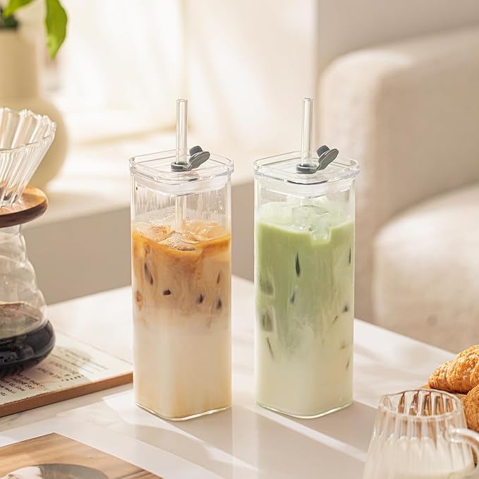 6 Sets Square Drinking Glass Cups, Old Fashioned Glasses, 17 Oz Square Glasses, Clear Highball Modern Glassware Tumbler Mixed Drinkware with Straws for Cocktail Coffee Juice Beer (Square-6PCS)