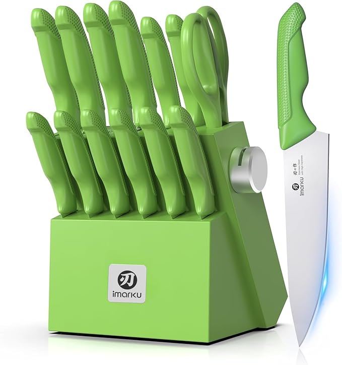 imarku® Knife Set with Block, Sharp Knife Sets with Built-in Sharpener, Japanese Stainless Steel Kitchen Knife Set with Non-Slip Ergonomic Handle, Dishwasher Safe, Best Holiday Gift, Teal Green
