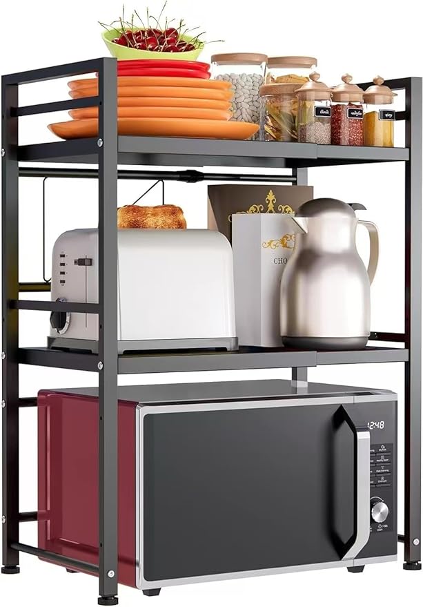 DOLALIKE Expandable Microwave Rack, Countertop Kitchen Utensils Tableware Storage, Carbon Steel 3 Tier Shelf with 3 Hooks