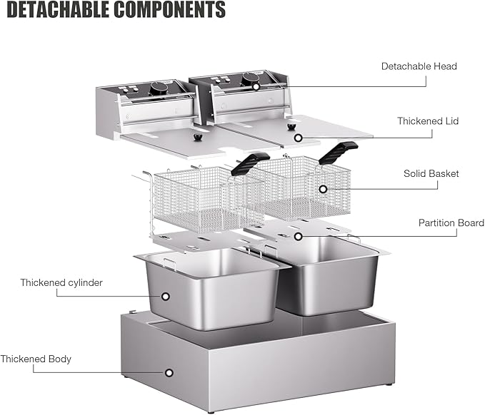 20.7Qt Deep Fryer, 3400W Electric Countertop Deep Fryer with 2 x 6.35 QT Removable Basket Commercial Deep Fryers Frying Machine w/Temperature Control