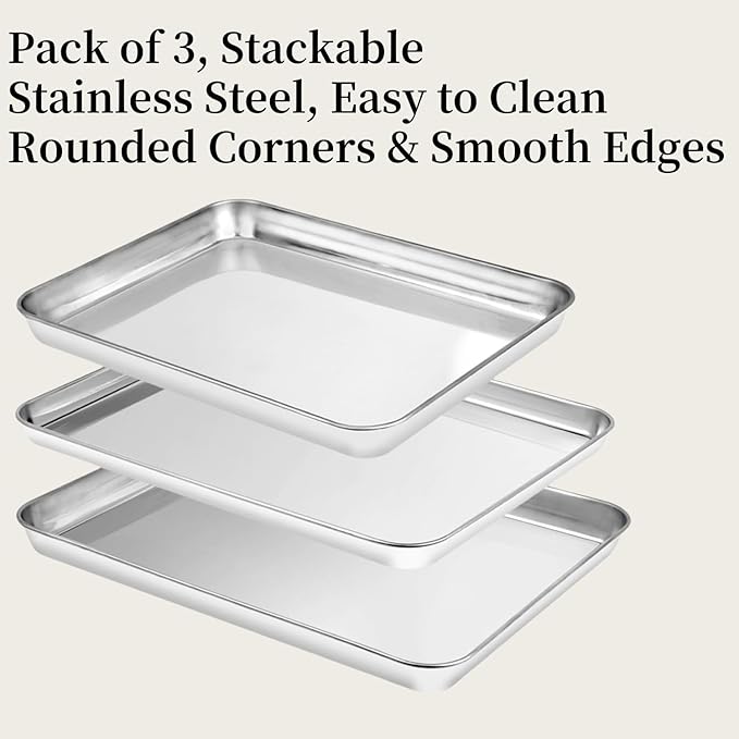Baking Sheet Set of 3, Heavy-Duty Stainless-Steel Baking Pans, Cookie Sheets Cooking Trays for Oven, 3 Different Sizes (12/16/17.5 Inch)