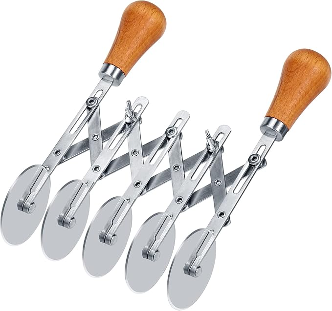 Juome 5 Wheel Pastry Cutter with Wooden Handle, Multi-Round Wheel Pasta Dough Cutter Roller Pizza Slicer Accordion Pastry Knife Divider Tool