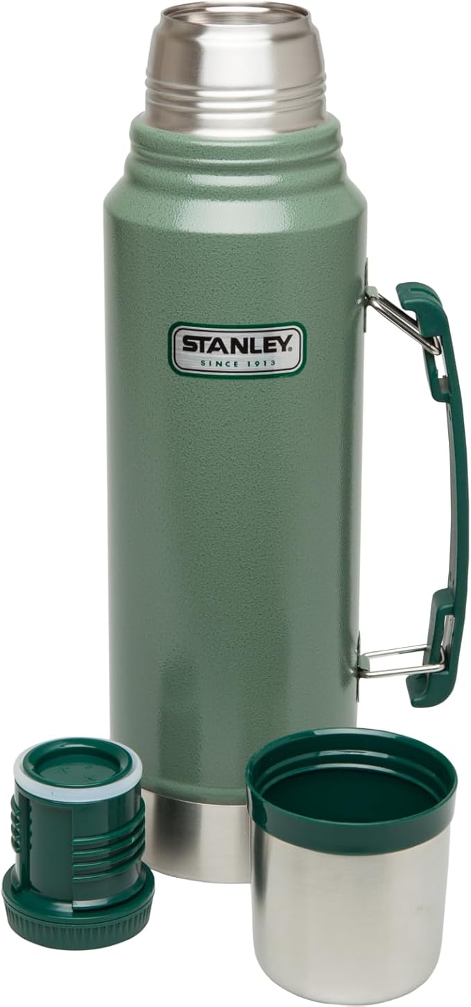 Stanley Heritage Classic Vacuum Bottle with Handle 1.1 qt | Wide Mouth w/Leakproof Cup Lid | Keep Drinks Hot or Cold | Insulated Stainless Steel Thermal Bottle | BPA-Free | Hammertone Green
