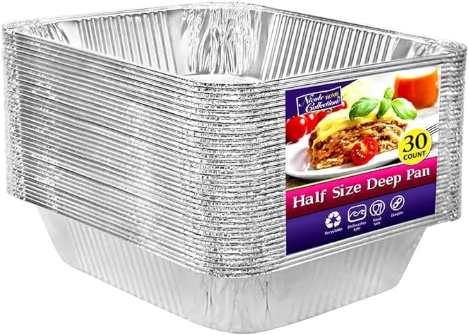 Aluminum Pans Half Size, 9X13, Extra Heavy Duty Disposable Foil Pans For Baking (30 Pack) Roasting & Chafing, Deep Tin Foil Bakeware, Steam Table Tray, Cookware, Food Prepping, Cake & Oven Pan