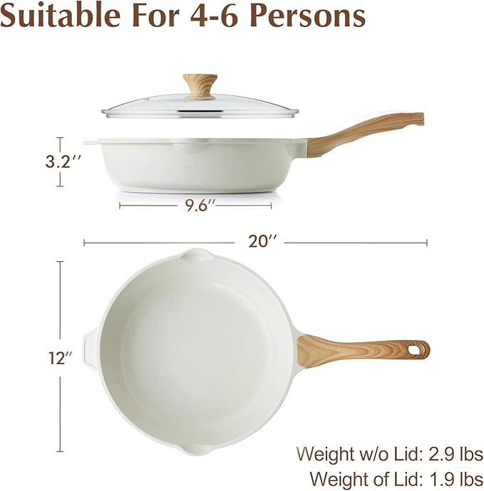 SENSARTE Nonstick Ceramic Saute Pan 12-Inch, 5QT Non-toxic Deep Frying Pan Skillet with Lid, Healthy No Teflon Cookware, Stay Cool Handle, Induction Compatible, PFAS Free