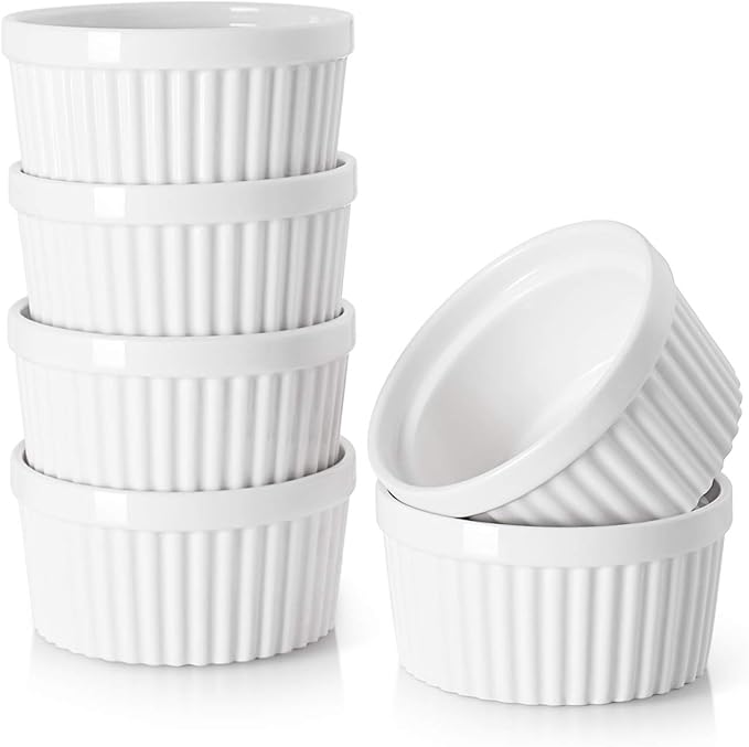 DOWAN Ramekins 4 oz Oven Safe for Creme Brulee Souffle, Porcelain Custard Cups Ramiken for Baking, Small Bowls Dipping Sauce Dish Classic Style, Set of 6, Soft White