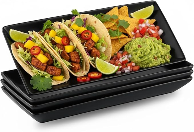 Gomakren Black Serving Platter Set of 4 Porcelain Serving Plates Rectangular Halloween Serving Dishes and Platters Serving Trays for Party Appetizer Sushi, 10 Inch Black Serveware Thanksgiving Gifts