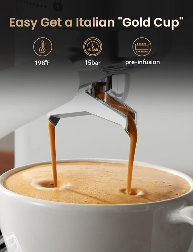 Neretva Espresso Machine, 15 Bar Espresso Coffee Machine with Visible Pressure Guage Professional Espresso Maker with Milk Frother & Stainless Steel for Home Barista Latte and Cappuccino Maker - White