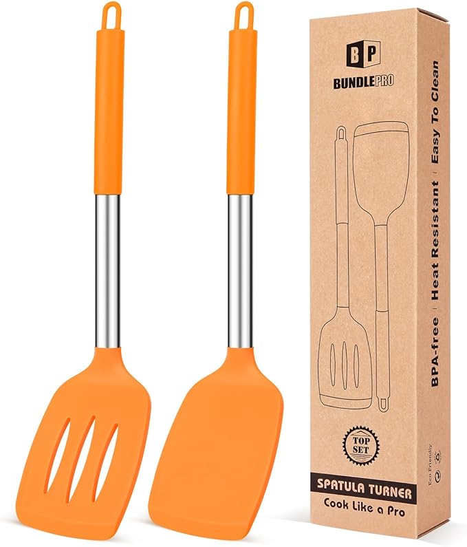 Pack of 2 Silicone Solid Turner, Non Stick Slotted Kitchen Spatulas, High Heat Resistant BPA Free Cooking Utensils, Ideal Cookware for Fish, Eggs, Pancakes (ORANGE)