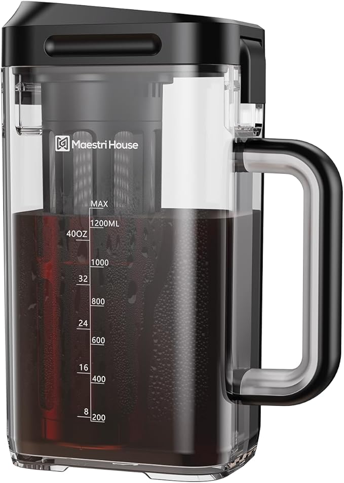 Maestri House Compact Cold Brew Coffee Maker, 40oz Iced Tea and Coffee Maker Brewer Space Saving Tritan Pitcher, 350 Mesh Filter, 100% Leak-Proof