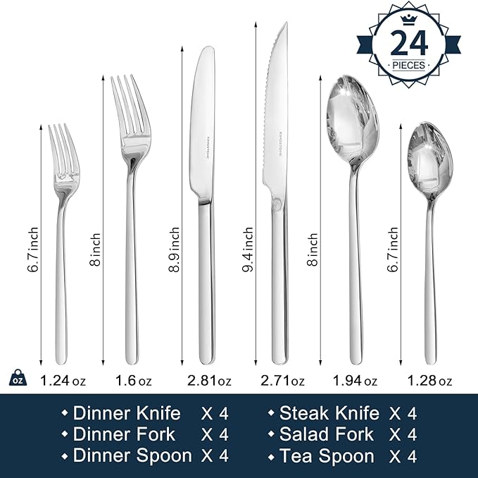 KINGSTONE 24-Piece Silverware Set with Steak Knives, Flatware Set for 4, Stainless Steel Tableware Cutlery Set for Home Restaurant, Mirror Finish,Modern Design
