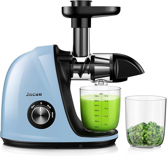 Jocuu Slow Masticating Juicer with 2-Speed Modes - Cold Press Juicer Machine - Quiet Motor & Reverse Function - Easy to Clean Juicer Extractor - Juice Recipes for Fruits & Vegetables (Light Blue)