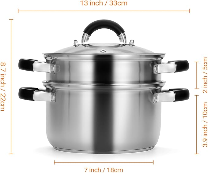 Kirecoo 3.2QT Steamer for Cooking - Stainless Steel Steam Pot with Steamer Basket, Cooking Stock Pot with Silicone Handle, Lid for Vegetable, Dumplings, Soup, Food, 3Ply Bottom Boiling Stew Cookware
