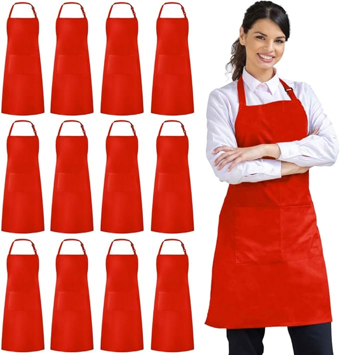 Syntus 12 Pack Bib Apron, Unisex Aprons Adjustable Waterdrop Resistant with 2 Pockets Cooking Kitchen Apron for Chef, BBQ Drawing Apron Bulk, Red