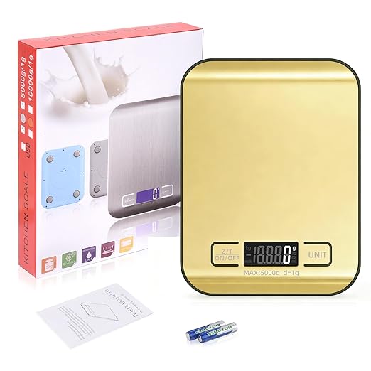 Digital Shipping Scale,Stainless Steel Panel, Accurate Portable Postal Scale for Packages, Small Business,Kitchen, Food, Handmade, Liquids, and Boutique (Mirror Gold Battery(5kg/1g))