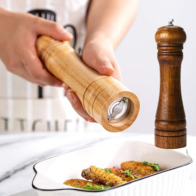 Wooden Pepper Mill Set Salt Pepper Grinder Kit Manual Mills Solid with Strong Adjustable Ceramic Grinders 2 Piece 8 Inches